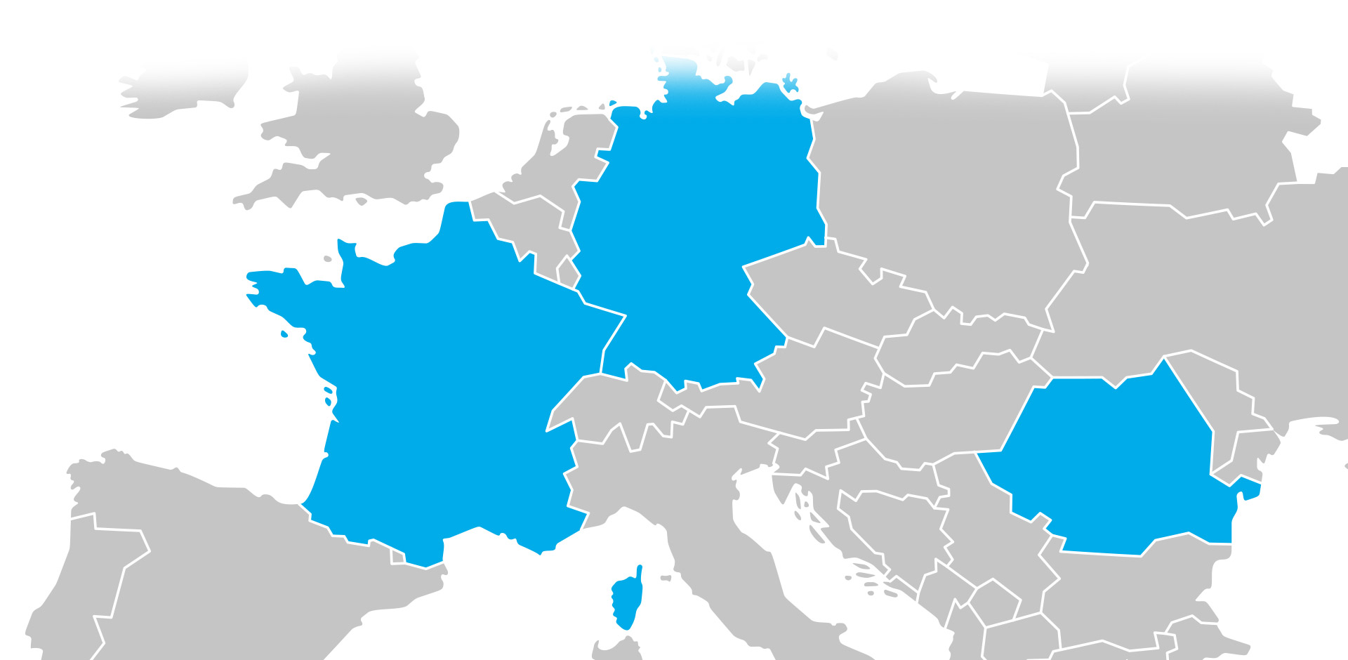 Europakarte, die Länder Deutschland, Frankreich und Rumänien sind blau eingefärbt